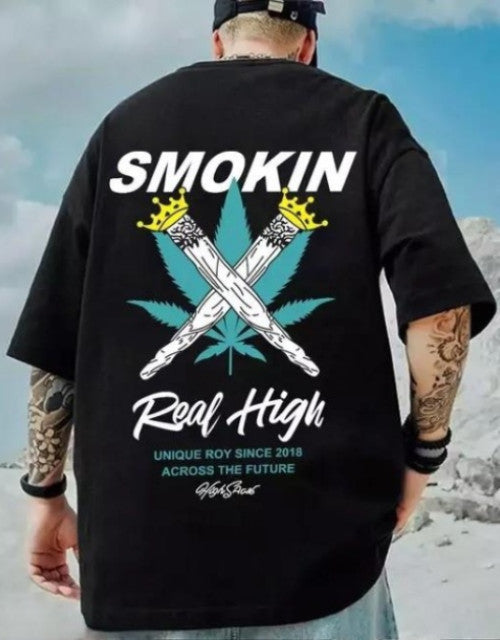 Printed Round Neck Cotton Blend Black T-Shirt